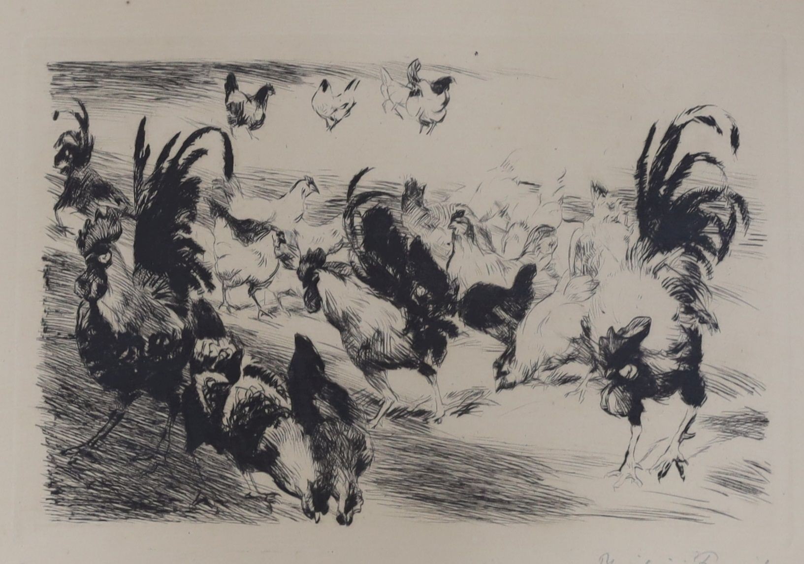 Philipp Ranish, etching, Study of chickens and cockerels, signed in pencil, 9/100, 30 x 44cm